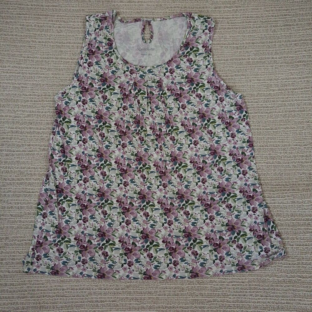NorthStyle Womens Large Floral Pleated Keyhole Sleeveless Tank Top White Pink